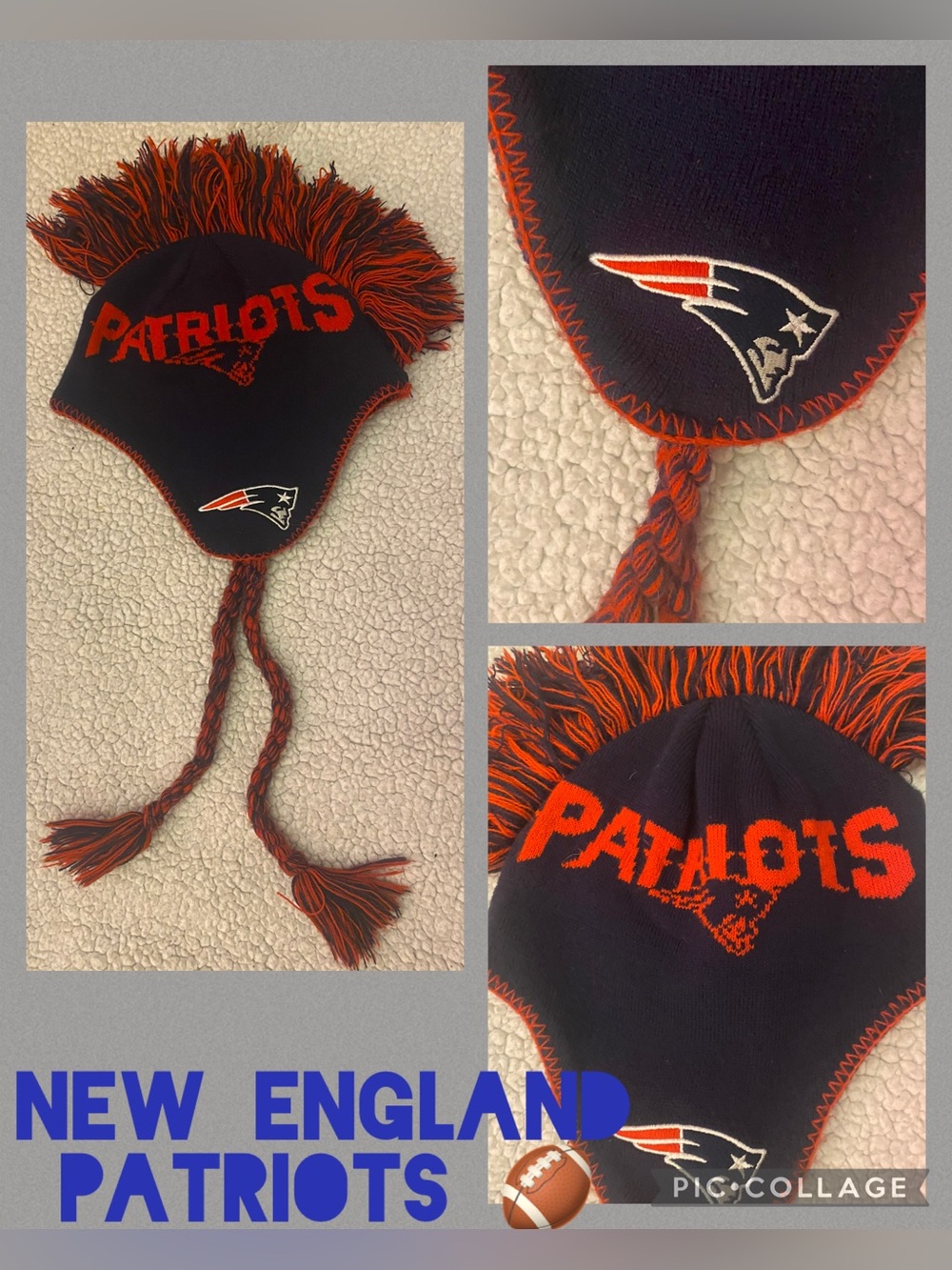 - Youth size boys 8-20 New England Patriots football winter hat with fringe